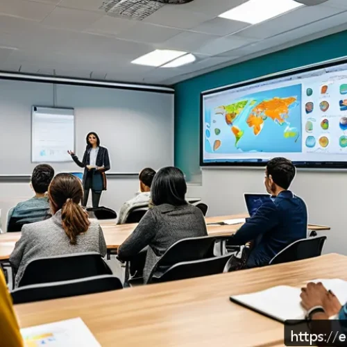 Home 28 공공정책 실기 시험 준비법 - A detailed classroom scene in a modern Spanish-speaking university setting, showing diverse young ad...